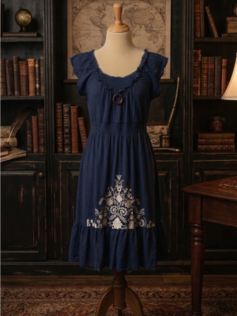 Vintage Impress Navy Blue Casual Dress with White Floral Embroidery